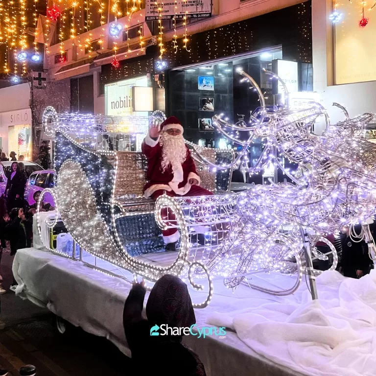 Santa Clause on his sleigh at the Larnaca Christmas Parade in Larnaca, Cyprus